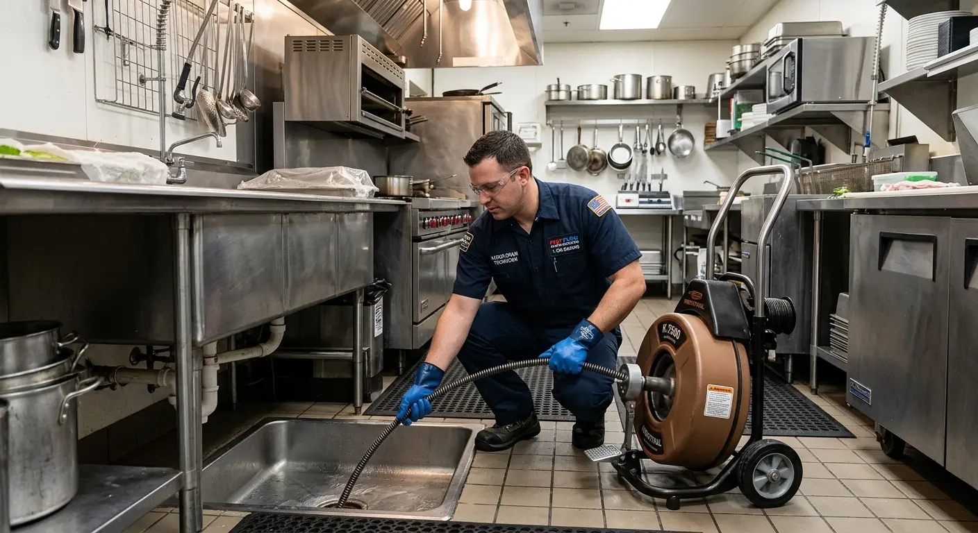 Commercial drain cleaning service in a restaurant kitchen in Rochelle Park