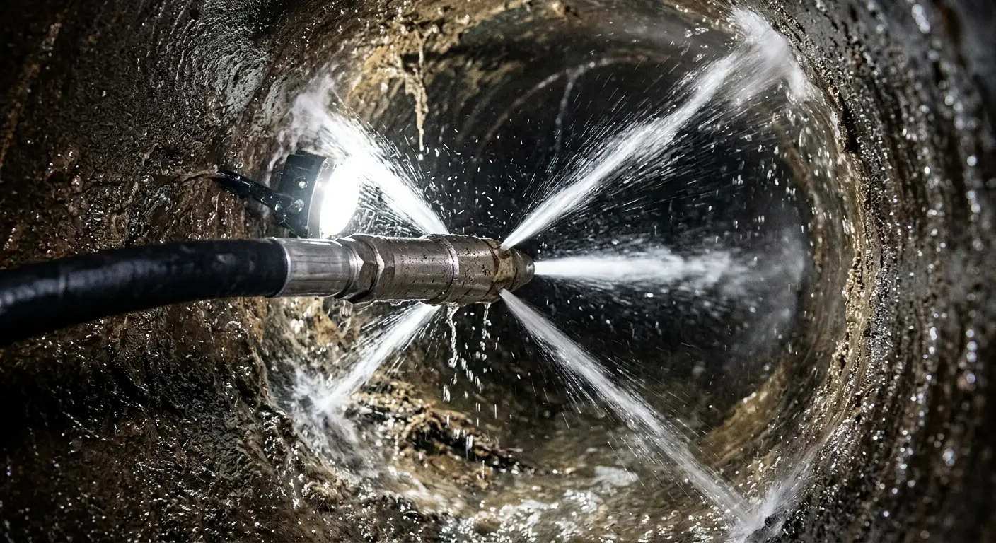 High-pressure hydro jetting nozzle cleaning sewer pipe for Trenchless Sewer Repair in Rochelle Park