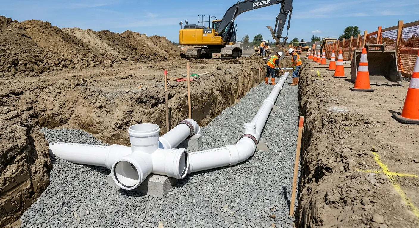 New PVC sewer pipe installation in open trench for Commercial Drain Cleaning in Rochelle Park
