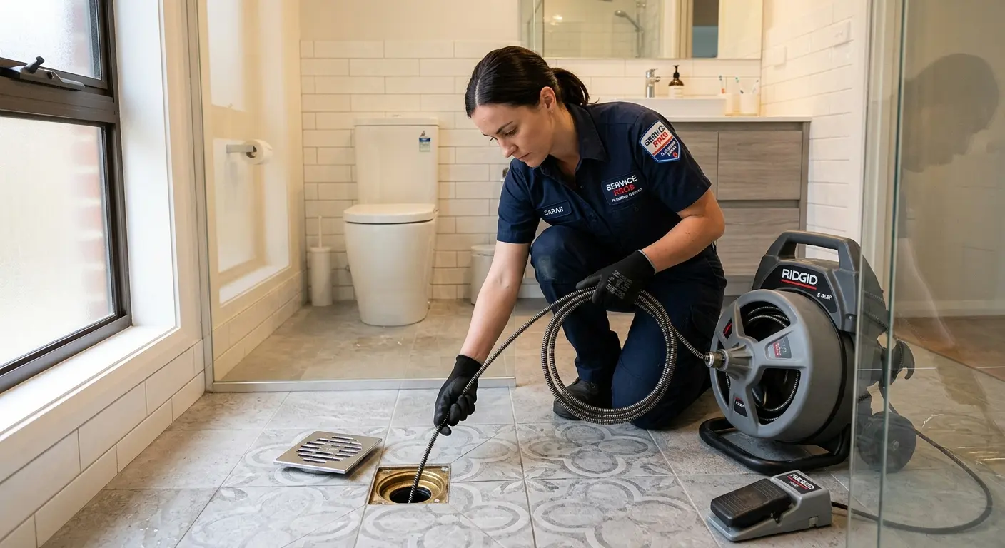 Technician clearing a bathroom floor drain for Drain Cleaning in Rochelle Park